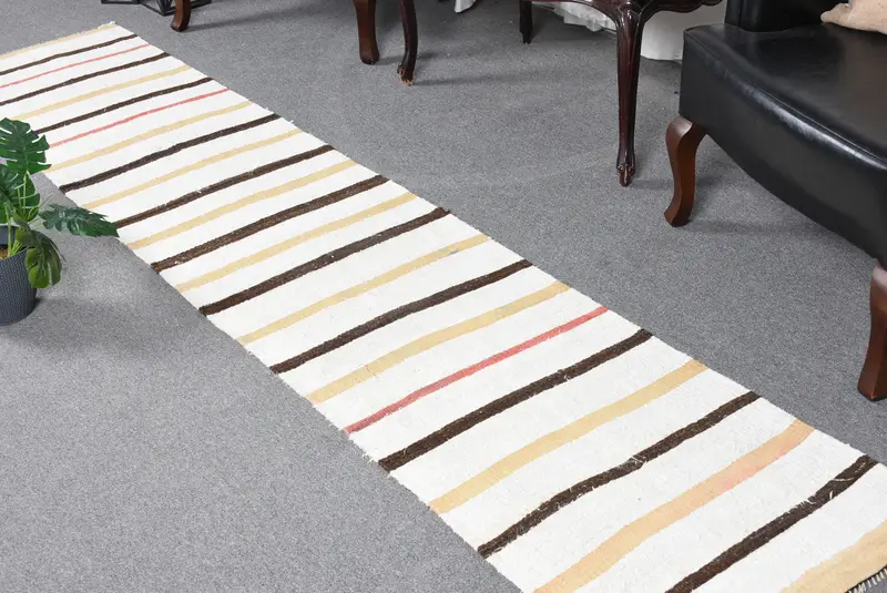 Vintage Halı, 2x9.6 ft Türk Halısı, Beyaz Kahverengi Çizgili Yün Halı - 1