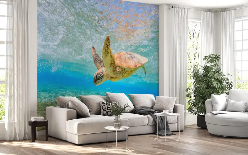 Sea Wall Art, Swimming Sea Turtle Paper Art, Animal Wall Mural, Papercraft 3D, Ocean Blue Wall Painting, Paper Wall Art, Decor For Wall, - 3