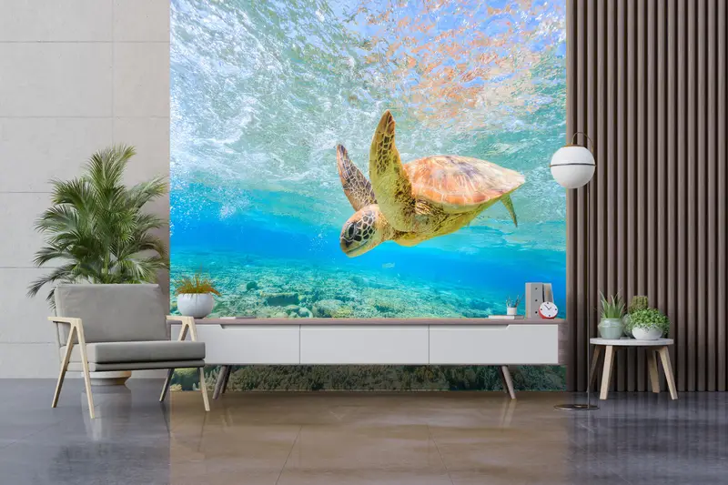 Sea Wall Art, Swimming Sea Turtle Paper Art, Animal Wall Mural, Papercraft 3D, Ocean Blue Wall Painting, Paper Wall Art, Decor For Wall, - 2