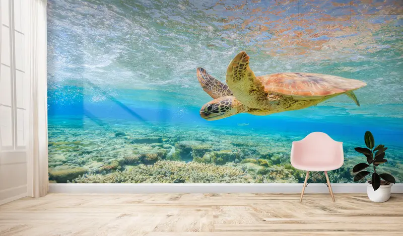 Sea Wall Art, Swimming Sea Turtle Paper Art, Animal Wall Mural, Papercraft 3D, Ocean Blue Wall Painting, Paper Wall Art, Decor For Wall, - 1