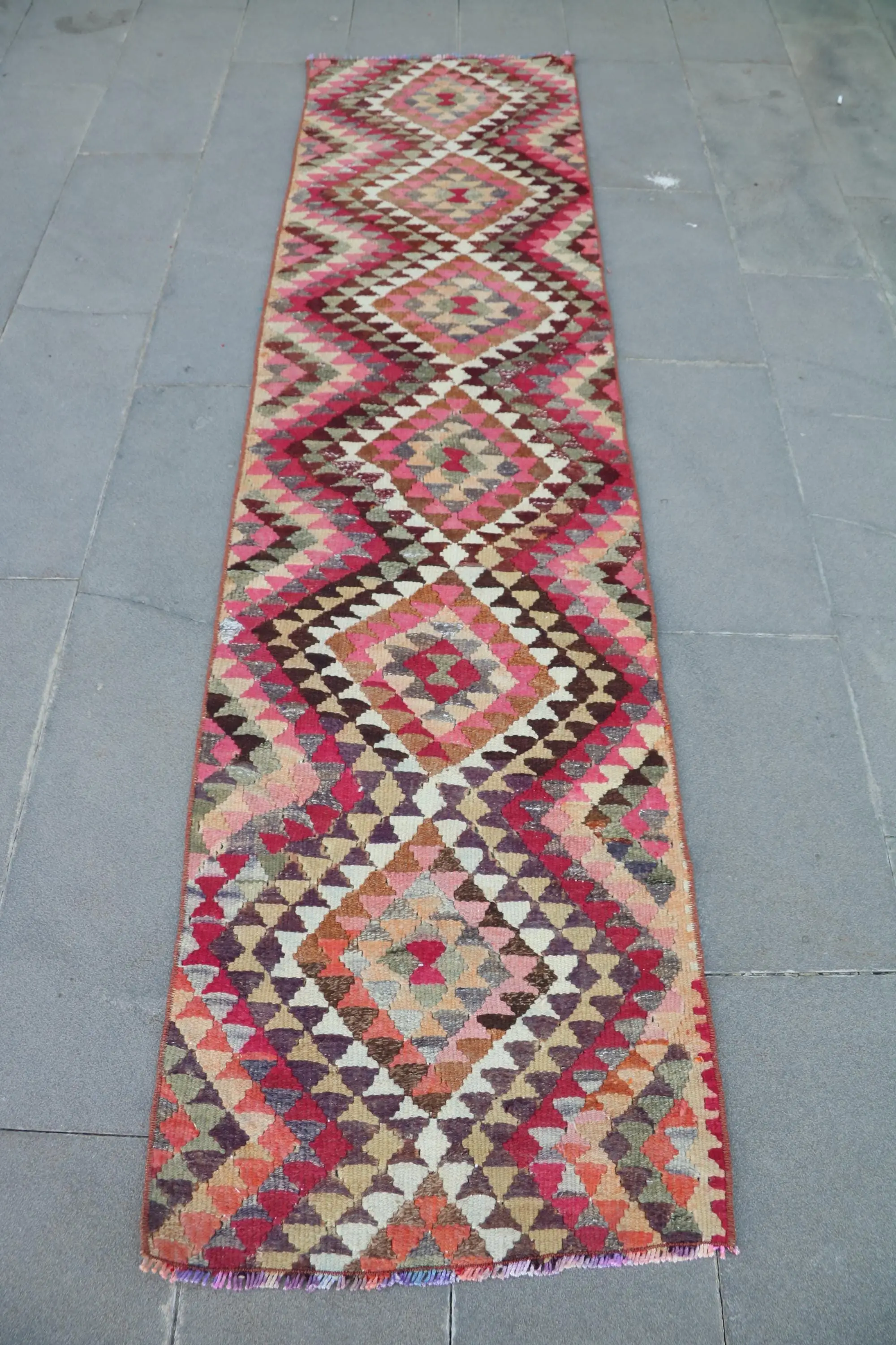 2.2x9 ft Vintage Rug, Red Striped Turkish Wool Rug - 1