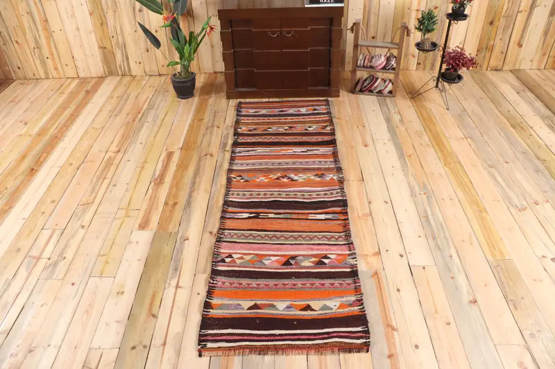 Vintage Runner Halı 2,6x7,9 ft, Kahverengi Turuncu Puantiyeli Halı Yün - 1