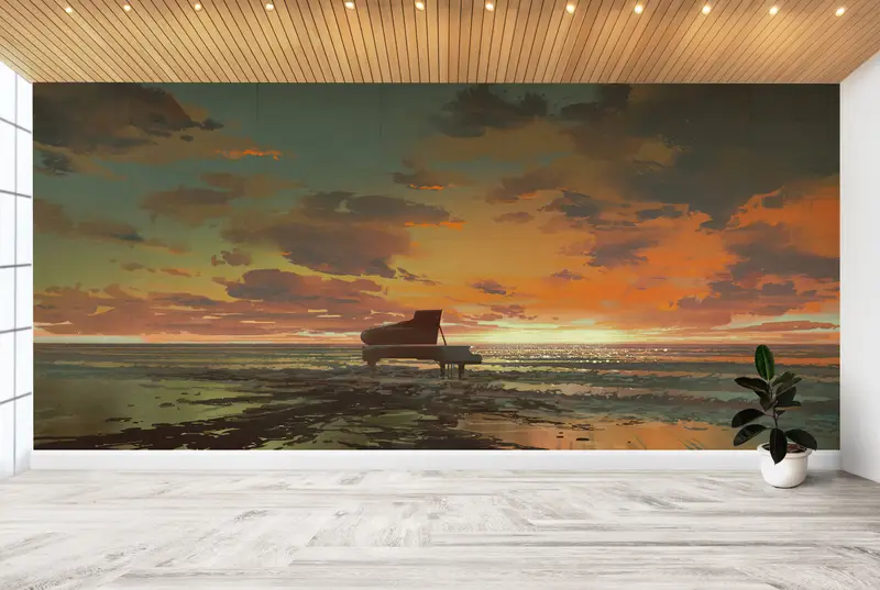 Zarif Baskılı Deniz Manzarası Duvar Kağıdı: Sunset Beach Piyano Teması