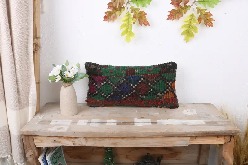 Kilim Cushion Sham, Pillow Case, Boho Pillow Sham Cover, 8x16 Green Cushion Cover, Cozy Throw Pillow Case, Turkish Kilim Pillow - 1