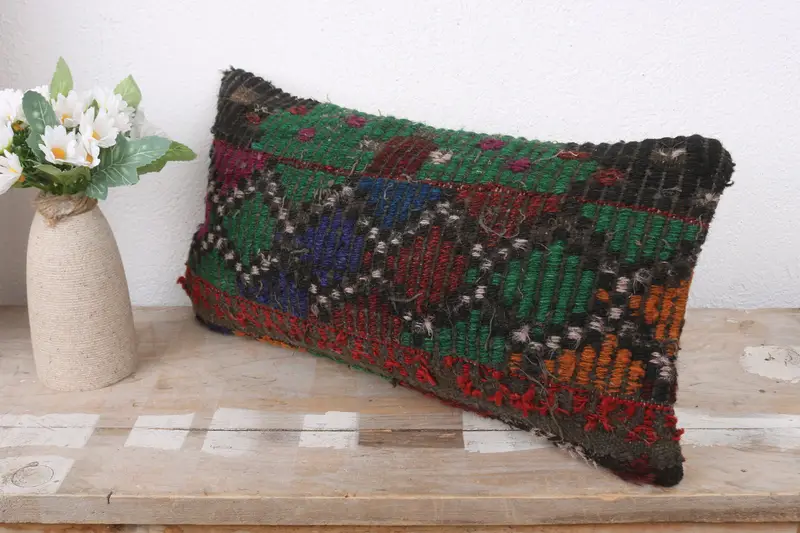 Kilim Cushion Sham, Pillow Case, Boho Pillow Sham Cover, 8x16 Green Cushion Cover, Cozy Throw Pillow Case, Turkish Kilim Pillow - 4