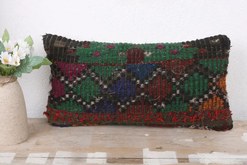 Kilim Cushion Sham, Pillow Case, Boho Pillow Sham Cover, 8x16 Green Cushion Cover, Cozy Throw Pillow Case, Turkish Kilim Pillow - 2