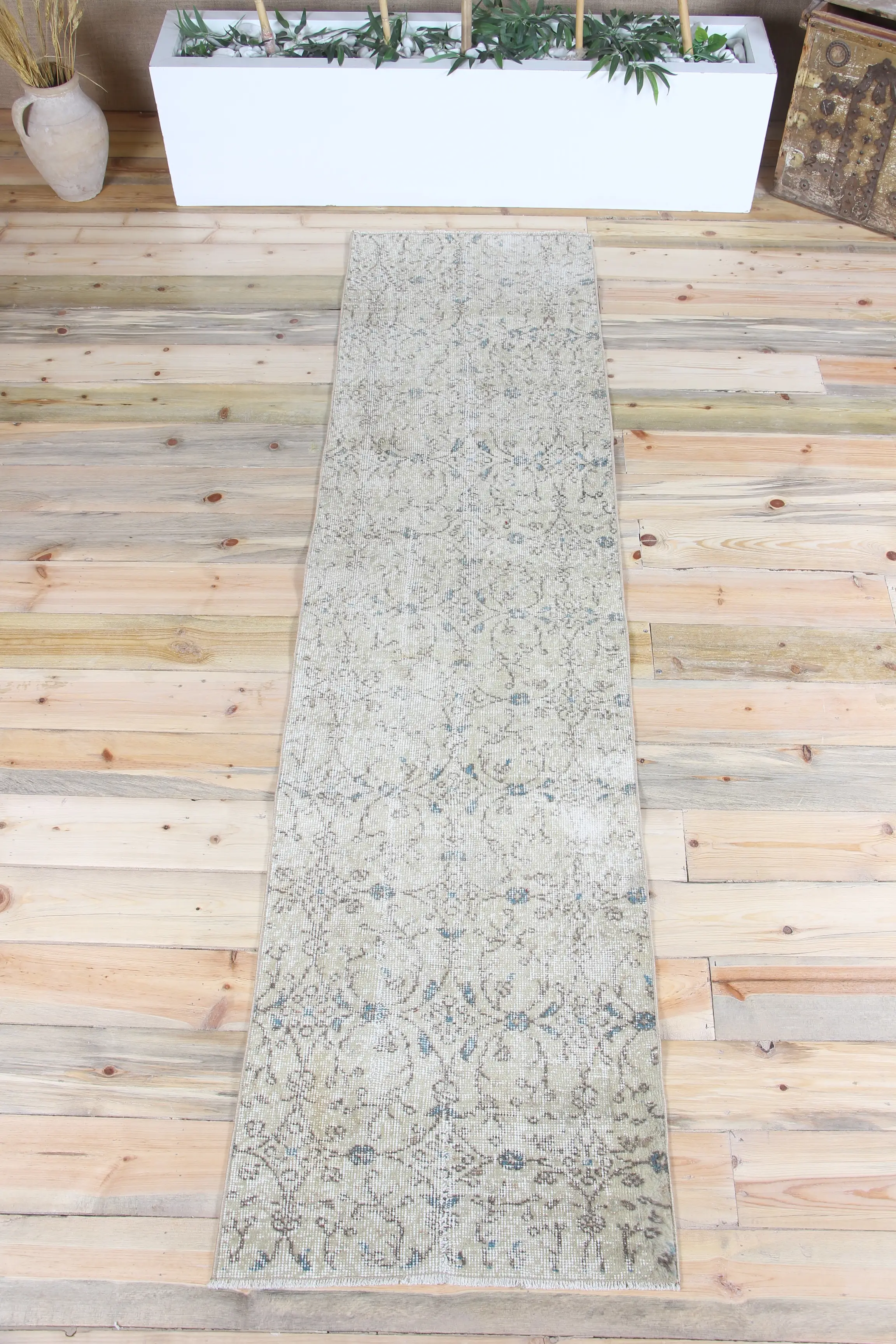 Vintage Runner Rug 2.2x8.4 ft, Turkish Oushak Beige Floral Rug - 1