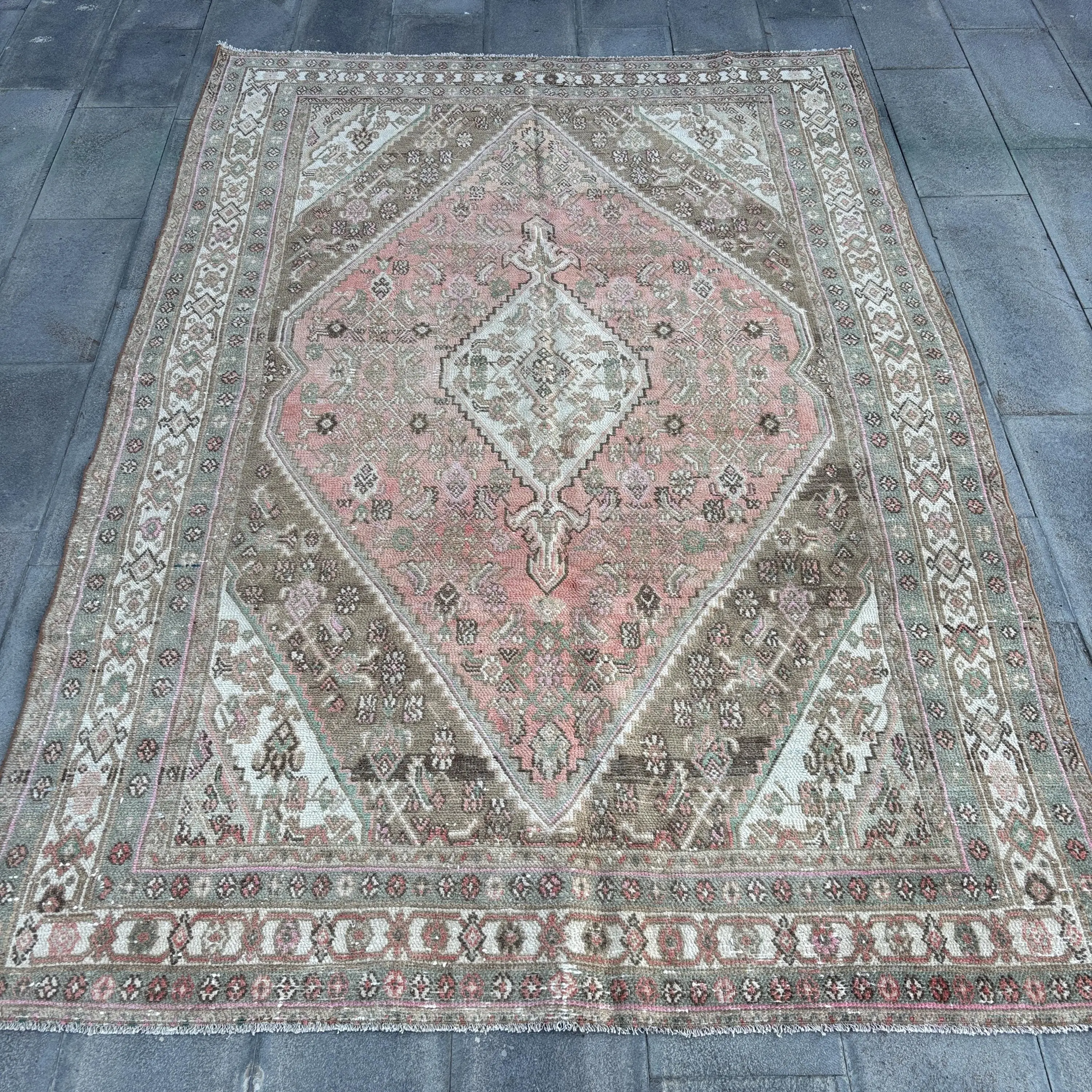 6.5x9.5 ft Turkish Rug, Vintage Large Rug, Pink Brown Bordered Rug - 1