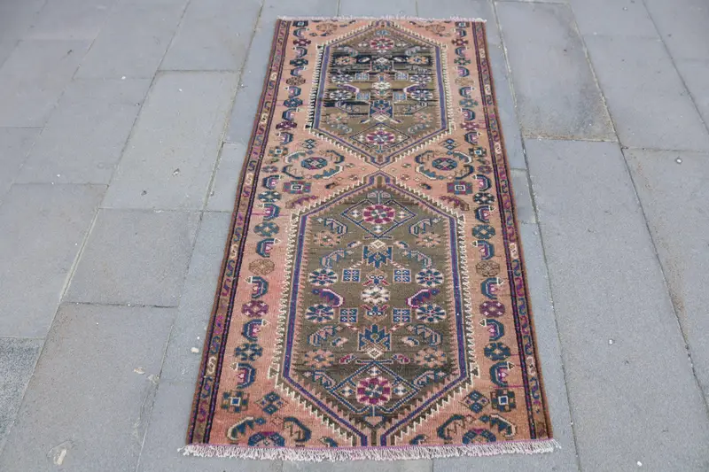 Vintage Small Rug 2.5x5.2 ft, Brown Turkish Wool Rug - 1