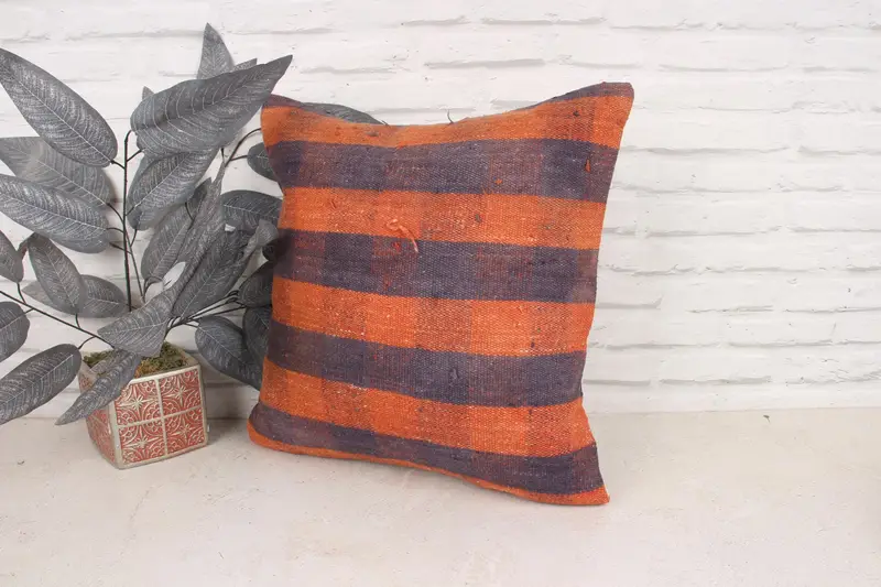 18x18 Orange Cushion, Armchair Cushion, Bolster Cushion Cover, Pillow Sham, Vintage Kilim Throw Pillow, Interior Designer Pillow, Kilim Cushion Sham - 4