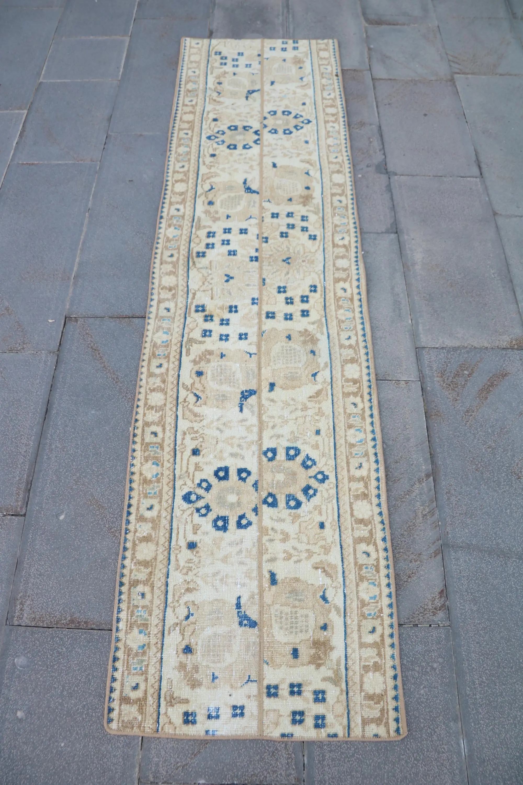 Vintage Turkish Rug 1.9x7.6 ft (57x231 cm), Blue Animal Print Wool Rug - 1