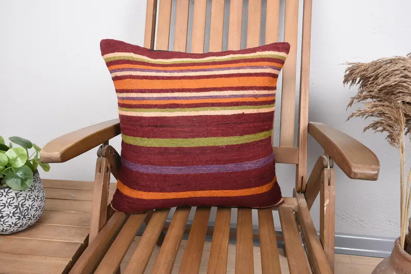 Turkish Antique Red Pillow, Office Striped 18x18 inch Cushion Case - 1