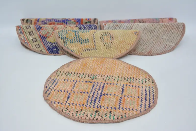 Manteles individuales Kilim azules y naranjas, juego de seis, círculo de 12.0 x 12.0 in