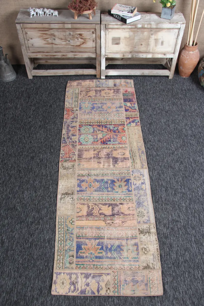 Vintage Rug, 2.3x7.2 ft Turkish Rug, Rainbow Rainbow Patchwork Wool Rug - 1