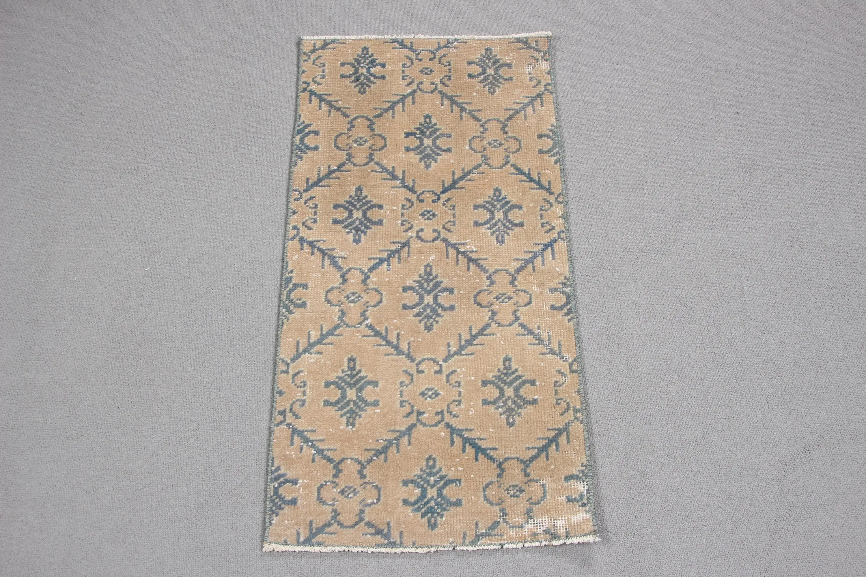 Vintage Turkish Rug 1.4x2.9 ft, Brown Small Ikat Wool Rug - 1