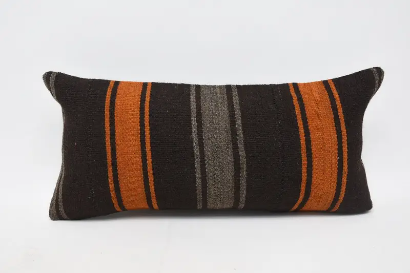Embroidered Brown & Orange Pillow, 12x24 Inches Throw Pillow - 1