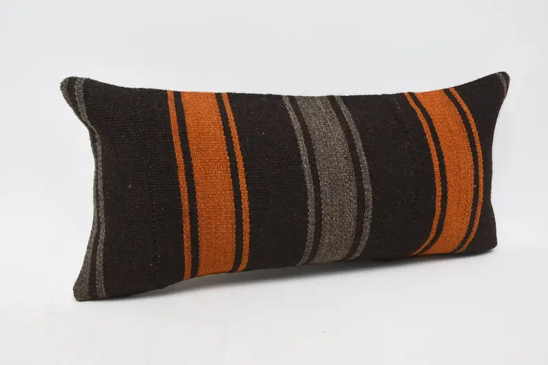 Embroidered Brown & Orange Pillow, 12x24 Inches Throw Pillow - 3
