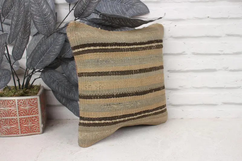 Ethnical Kilim Rug Pillow, Outdoor Bolster Pillow Case, 12x12 Beige Cushion Cover, Pillow Cover, Couch Cushion, Vintage Pillow, Pillow for Sofa - 3