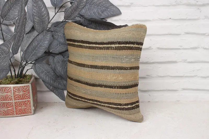 Ethnical Kilim Rug Pillow, Outdoor Bolster Pillow Case, 12x12 Beige Cushion Cover, Pillow Cover, Couch Cushion, Vintage Pillow, Pillow for Sofa - 4