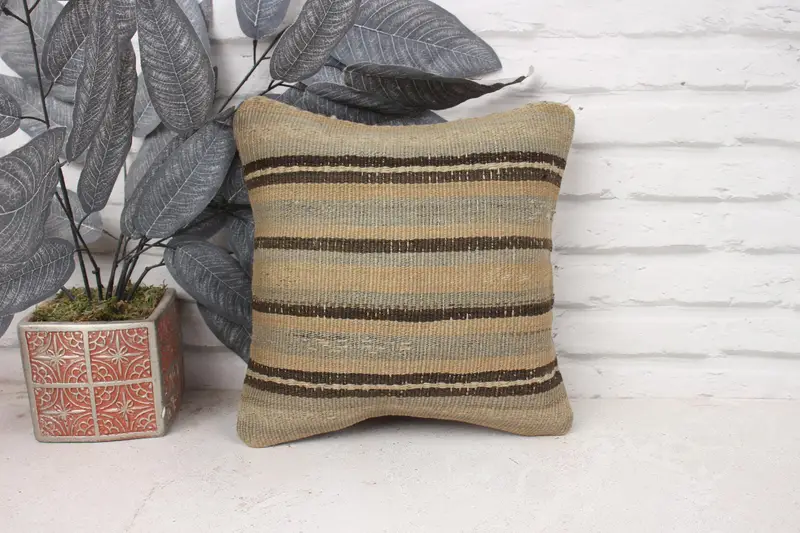 Ethnical Kilim Rug Pillow, Outdoor Bolster Pillow Case, 12x12 Beige Cushion Cover, Pillow Cover, Couch Cushion, Vintage Pillow, Pillow for Sofa - 1