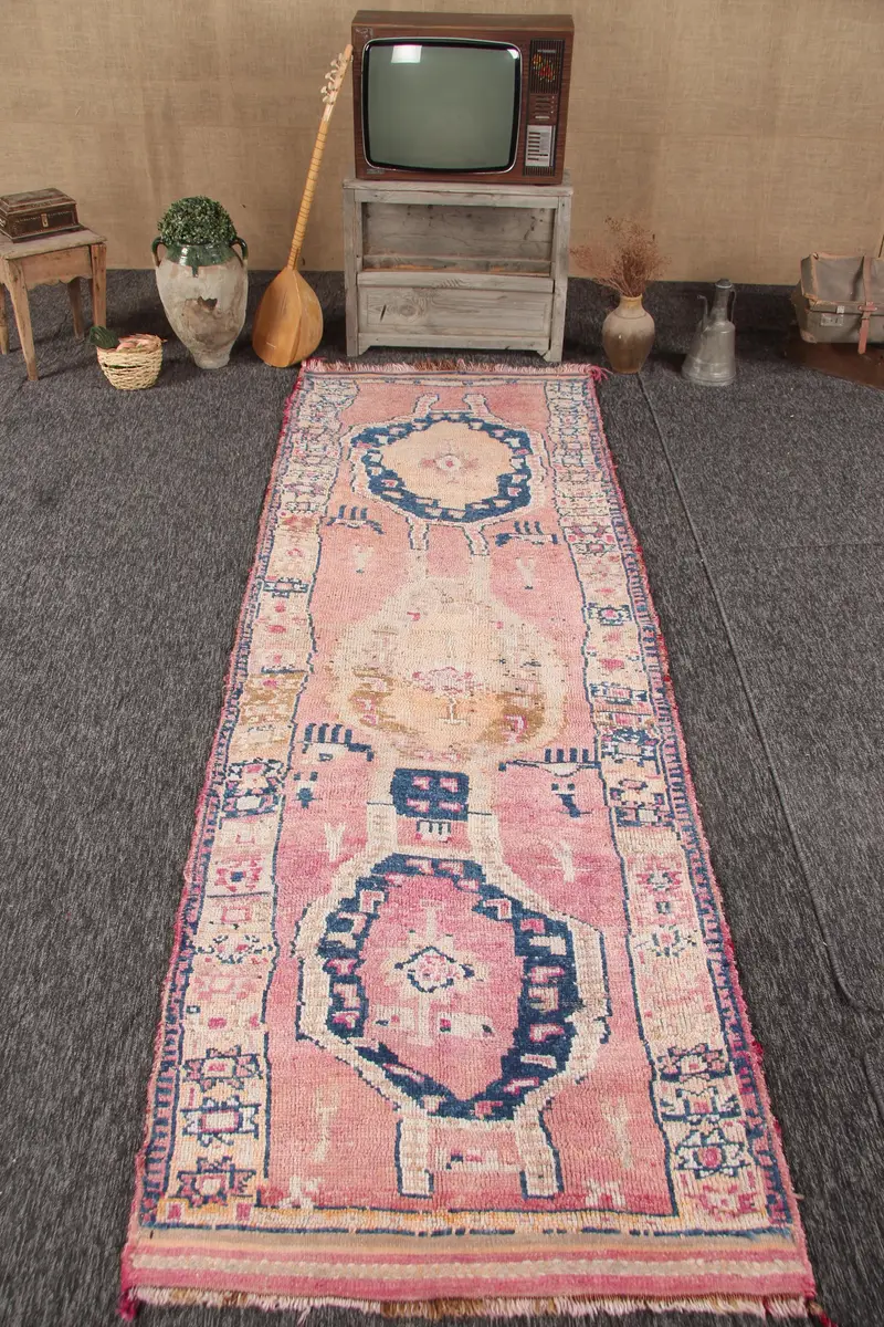 Turkish Vintage Rug 3.3x10.4 ft, Herki Pink Geometric Wool Rug - 1