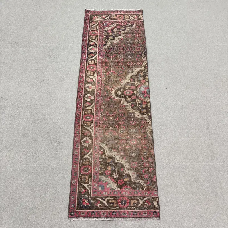 Türk 2.2x7.1 ft Halı, Oushak Vintage Halı, Kahverengi Çiçekli Halı Yün - 1