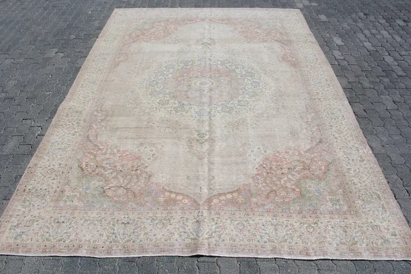 Vintage Turkish Rug 8.5x11.6 ft, Blue Oushak Bordered Rug - 1