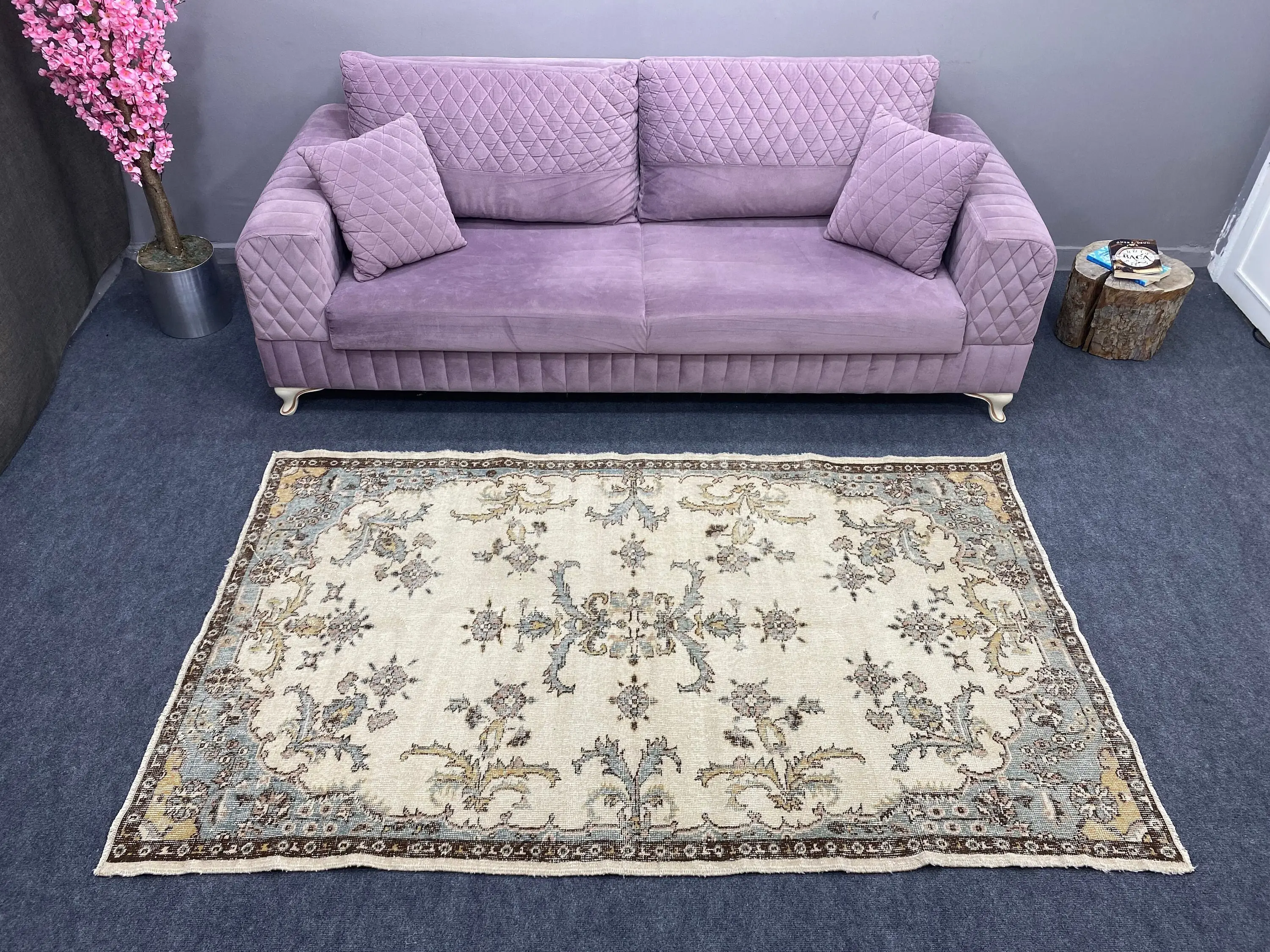 4.1x6.9 ft Turkish Rug, Vintage Area Rug, Blue White Oriental Rug - 1