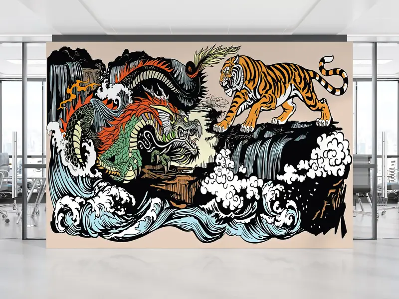 Zarif Ejderha Vs Kaplan Yin Yang Baskılı Duvar Kağıdı