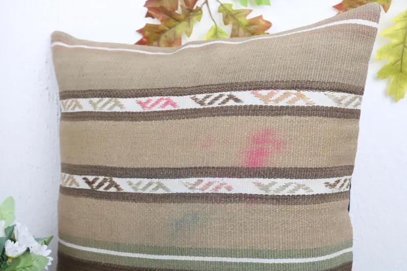 Cushion Case, Handmade Kilim Cushion, Toss Pillow Case, Pillow for Sofa, Bolster Throw Cushion, 18x18 Beige Cushion, Boho Pillow - 5