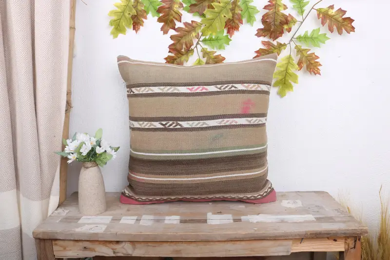 Cushion Case, Handmade Kilim Cushion, Toss Pillow Case, Pillow for Sofa, Bolster Throw Cushion, 18x18 Beige Cushion, Boho Pillow - 1