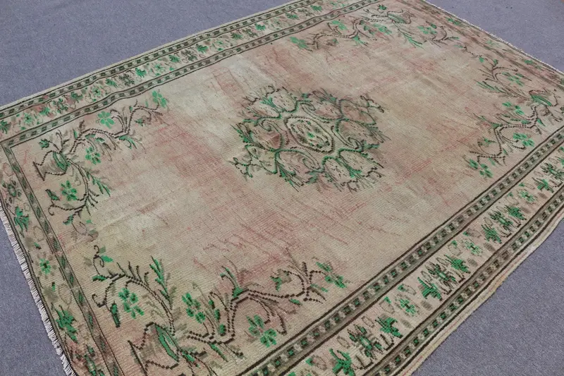 Vintage Türk Halısı, 6.3x8.6 ft Büyük Halı, Yeşil Oushak Soyut Halı - 1