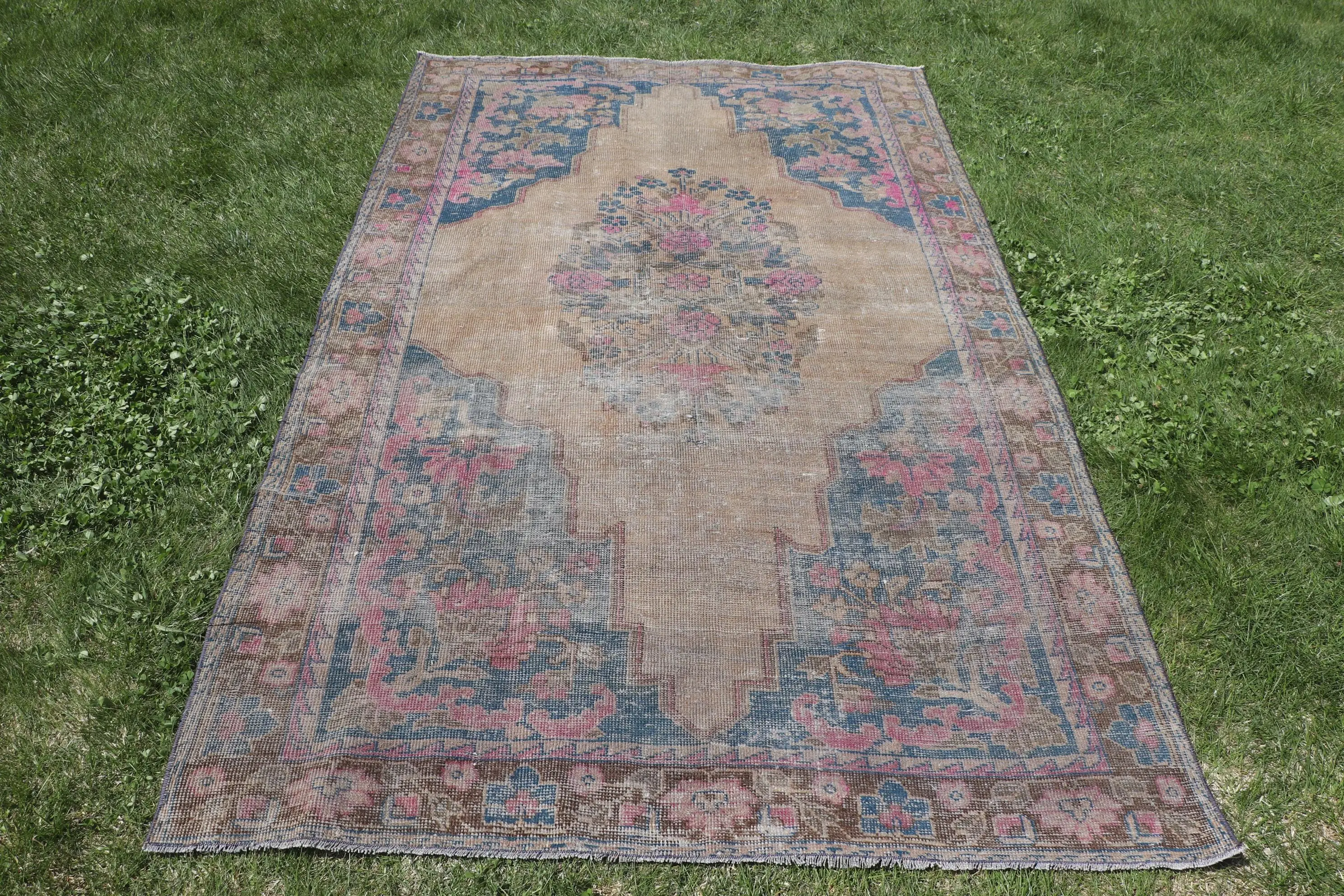 4.6x7.4 ft Rug, Area Turkish Rug, Blue Patchwork Rug - 1