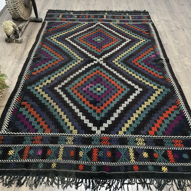 6.2x9.1 ft Kilim Turkish Rug, Blue Solid Vintage Rug Wool - 1