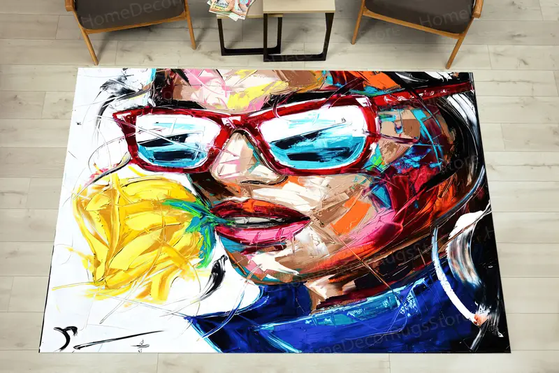 エレガントなプリントラグ：抽象的な女性のポートレートデザイン、柔らかい生地。