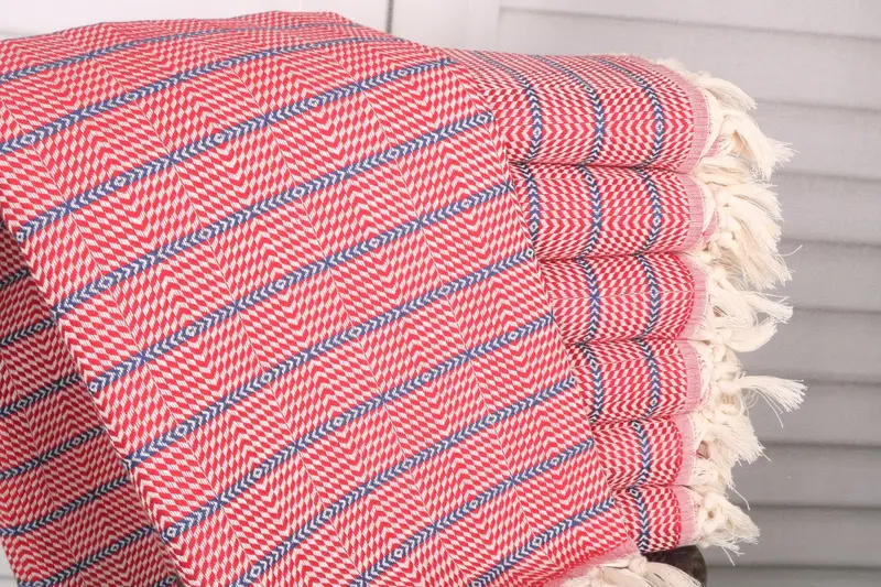 Bridal Shower Gift Striped Red-Navy Blue Cotton Towel, 40x71 Inches