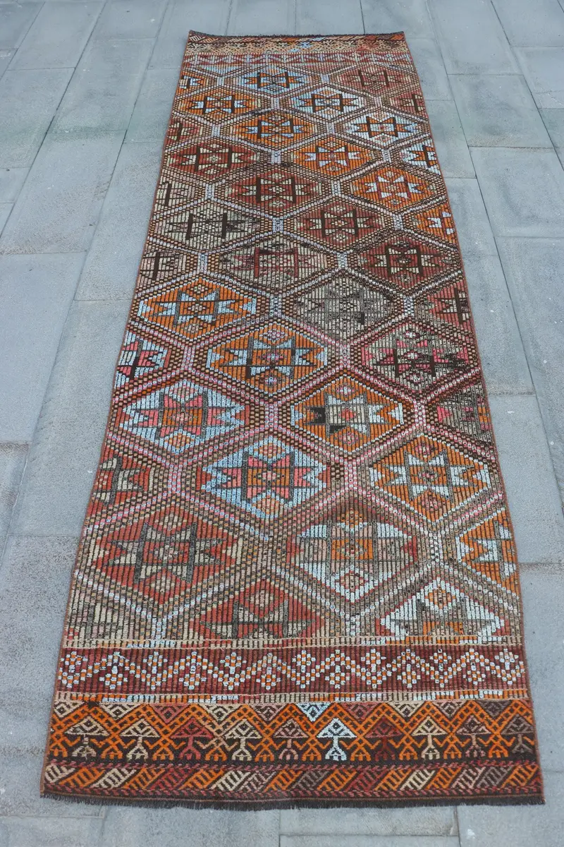 Orange & Blue Ikat Rug, 2.9x9.4 ft Vibrant Decor