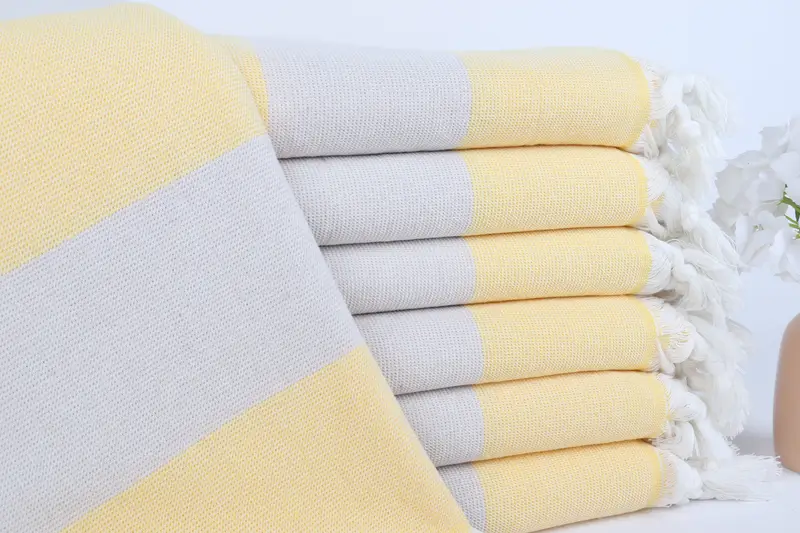 Personalized Turkish Towel Yellow-Beige Striped Cotton, 36x71 Inches