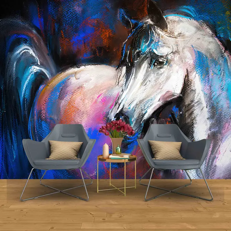 Removable Wall Paper, Animal Wallpaper, White Horse Painting, 3D Wall Mural, Peel and Stick Wallpaper, Horse Wall Decor, Farmhouse Wallpaper - 2