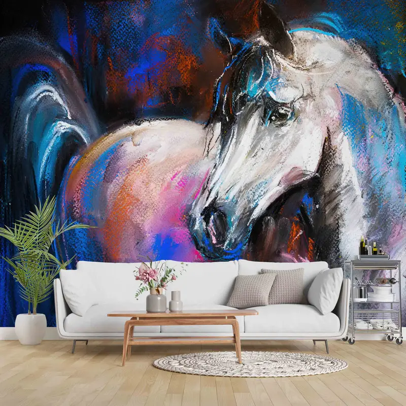 Removable Wall Paper, Animal Wallpaper, White Horse Painting, 3D Wall Mural, Peel and Stick Wallpaper, Horse Wall Decor, Farmhouse Wallpaper - 1