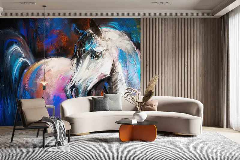 Removable Wall Paper, Animal Wallpaper, White Horse Painting, 3D Wall Mural, Peel and Stick Wallpaper, Horse Wall Decor, Farmhouse Wallpaper - 3