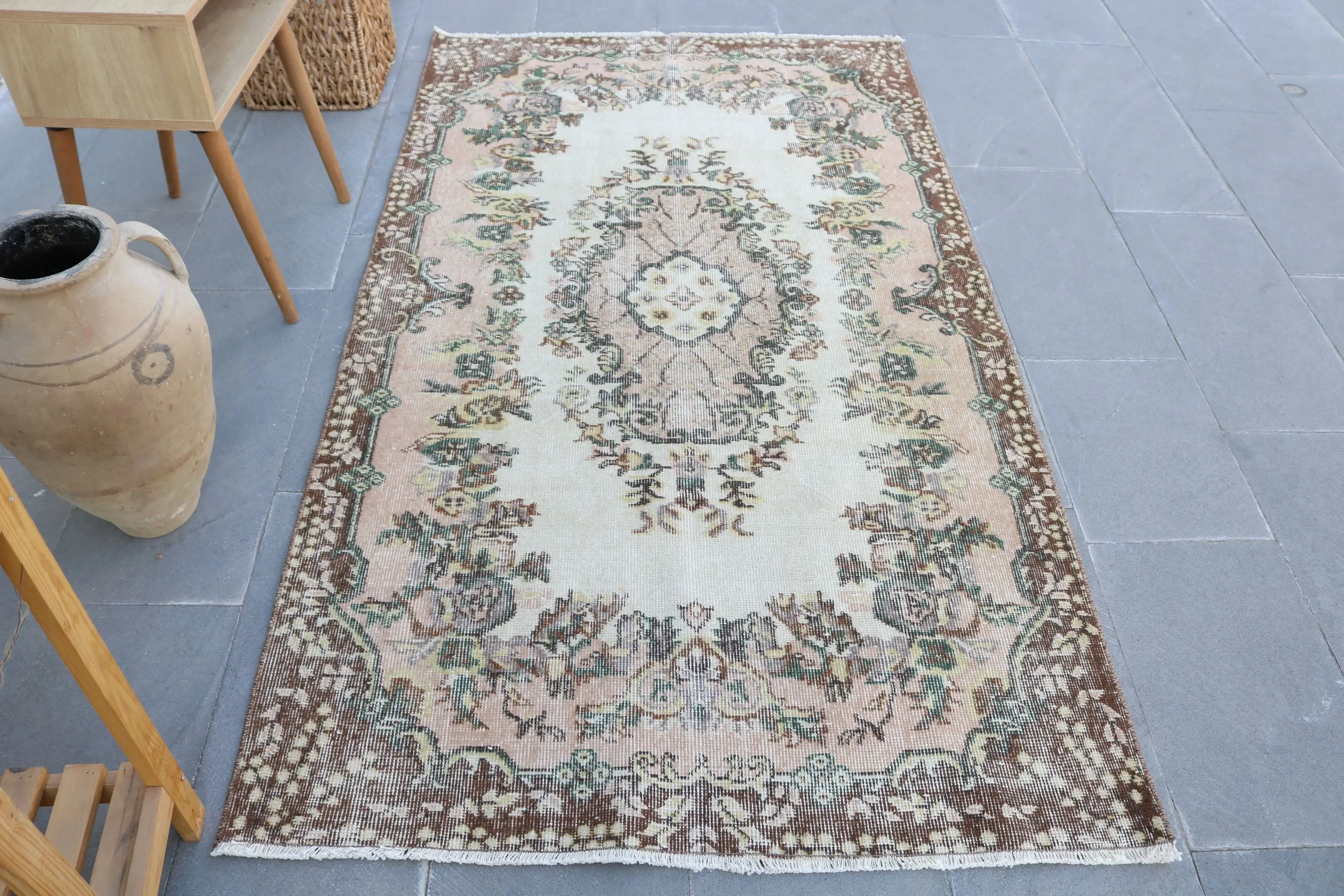 Vintage Turkish Rug 3.7x6.6 ft (113x201 cm), Brown Oriental Wool Rug - 1