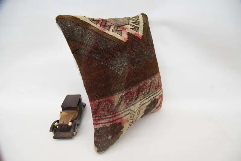 Boho Pillow, Pillow for Couch, Cushion Cover, Ethnical Kilim Rug Pillow, Retro Throw Pillow Case, 16x16 Brown Cushion, Outdoor Patio Pillow Case - 3