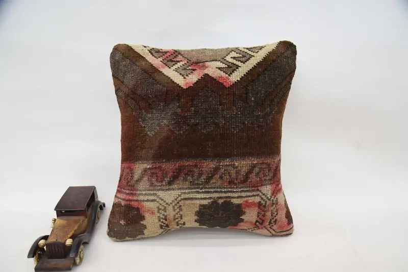 Boho Pillow, Pillow for Couch, Cushion Cover, Ethnical Kilim Rug Pillow, Retro Throw Pillow Case, 16x16 Brown Cushion, Outdoor Patio Pillow Case - 5