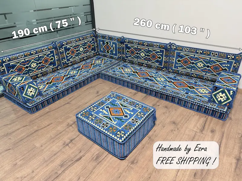 Blue Southwestern Ottoman Set with Orange Accents, Kilim-Inspired Modular Ottoman