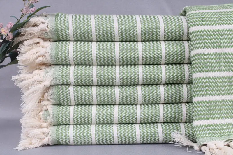 Embroidered Khaki Green Striped Beach Towel, 40x71 Inches