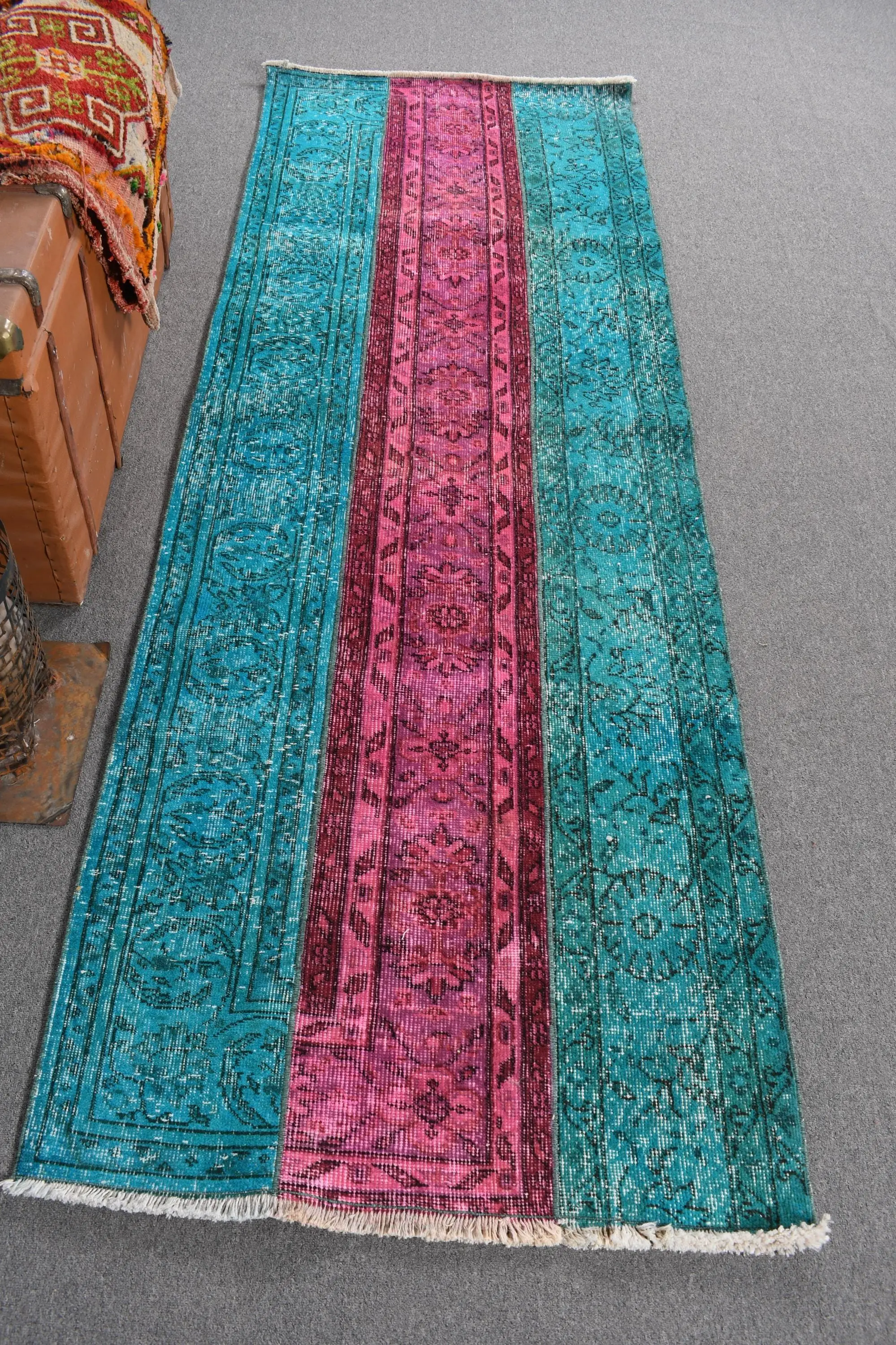 Turkish 2.8x8.2 ft Rug, Runner Vintage Rug, Blue Pink Solid Rug - 1