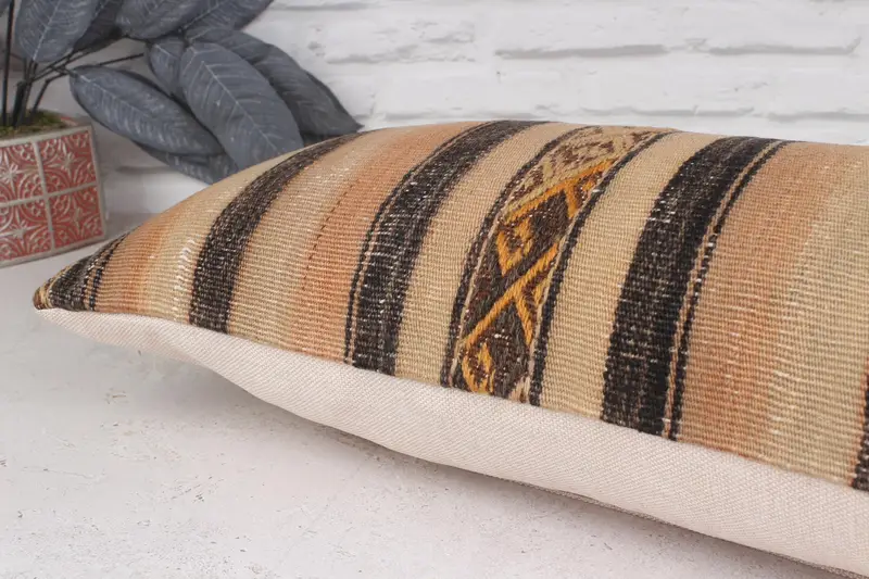 Vintage Pillow, 12x36 Beige Cushion Case, Floor Pillow, Handmade Kilim Cushion, Cushion, Pillow for Couch, Oriental Pillow, Art Deco Cushion Case - 6