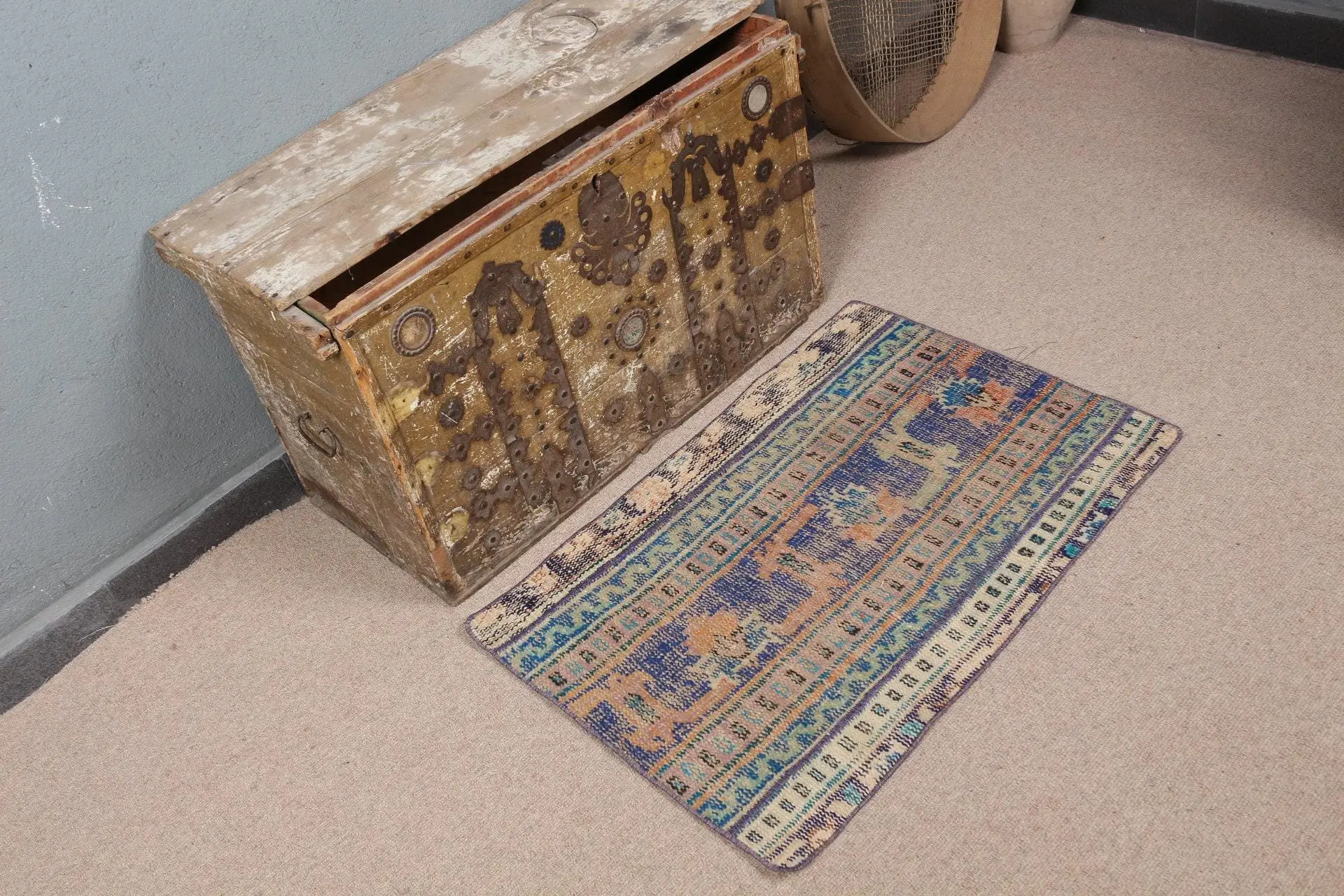Turkish Vintage Small Rug 1.9x2.8 ft, Blue Wool Rug - 1