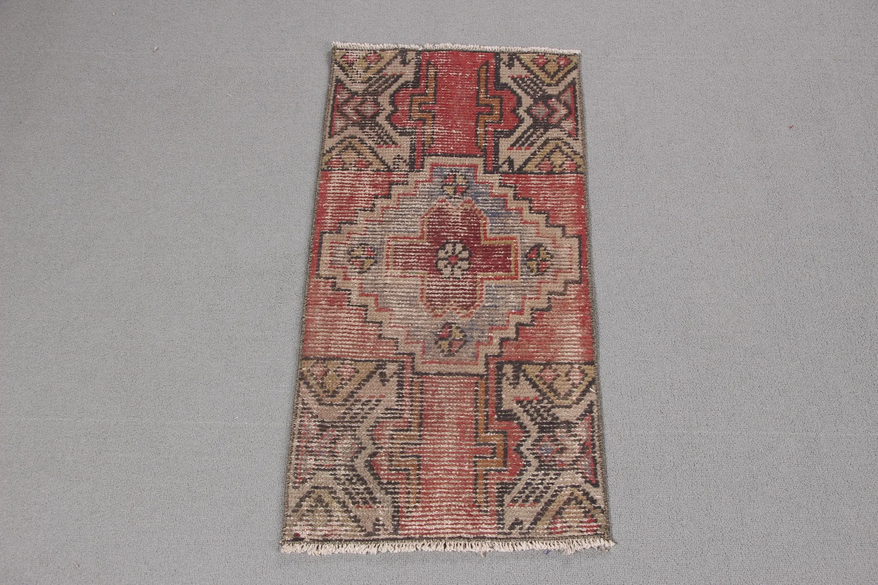 Turkish Vintage Rug, 1.4x2.8 ft Rug, Red Blue Floral Wool Rug - 1